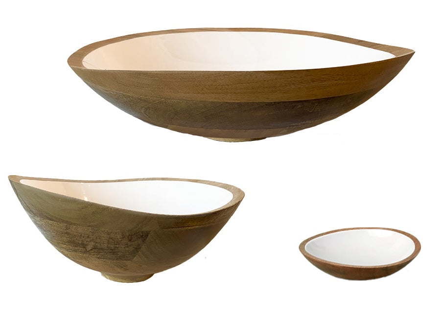 Mango Wood & White Enamel Bowls