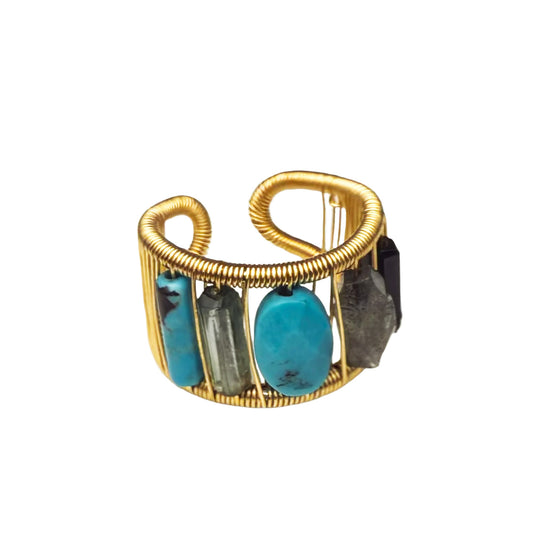 Tana Acton, Gold Ring with Turquoise, Labradorite & Tourmaline Stones