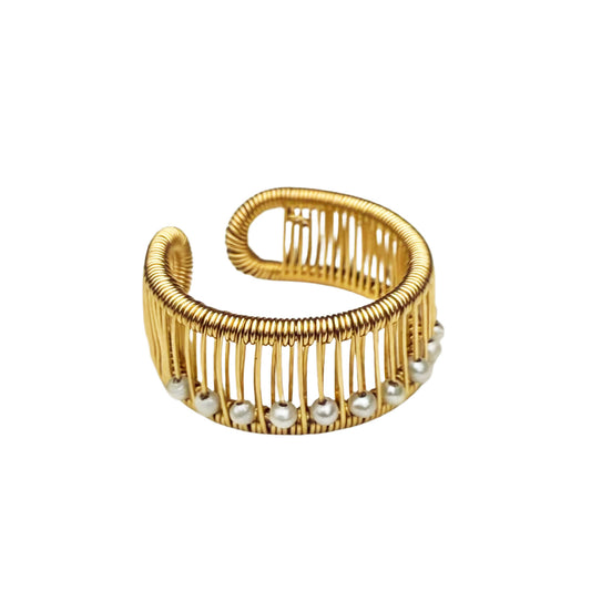 Tana Acton, Gold Ring with Kinetic White Pearls